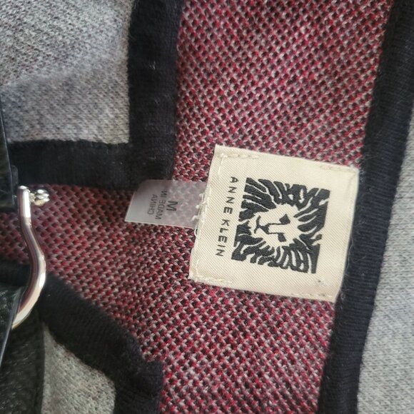 Anne Klein Womens Plaid Open Front Cardigan Coat Buckle Closure Gray/Red M - Picture 3 of 5